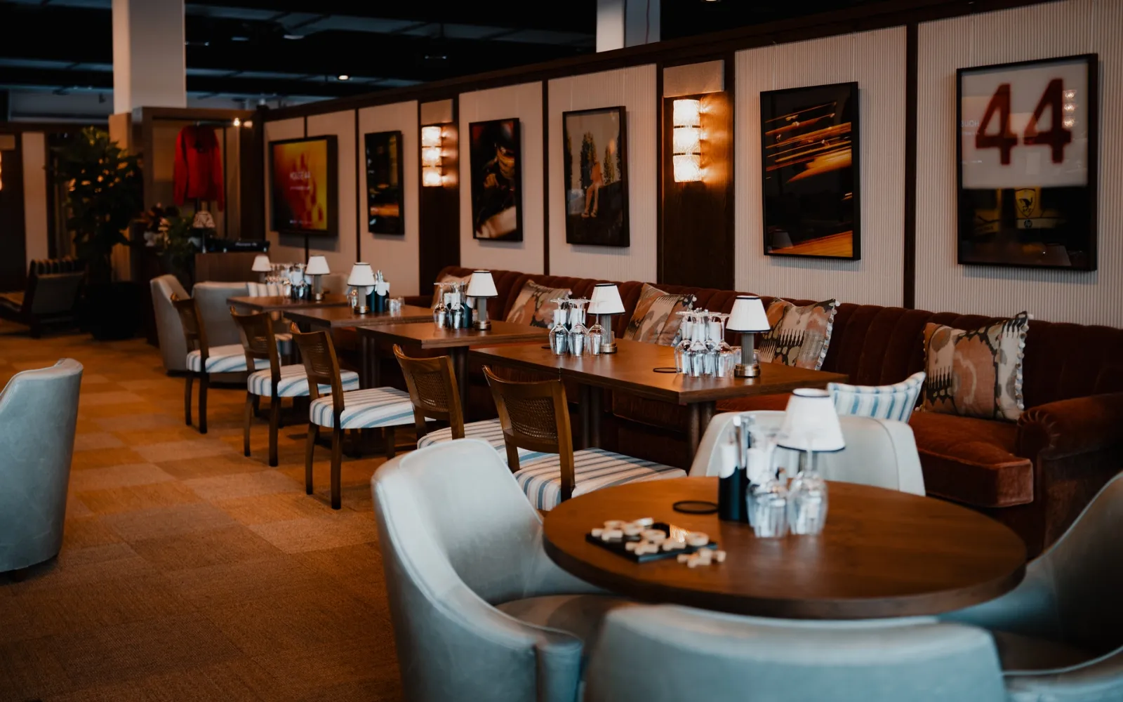 Luxury dining lounge inside House 44 at F1 Paddock Club Hospitality Las Vegas