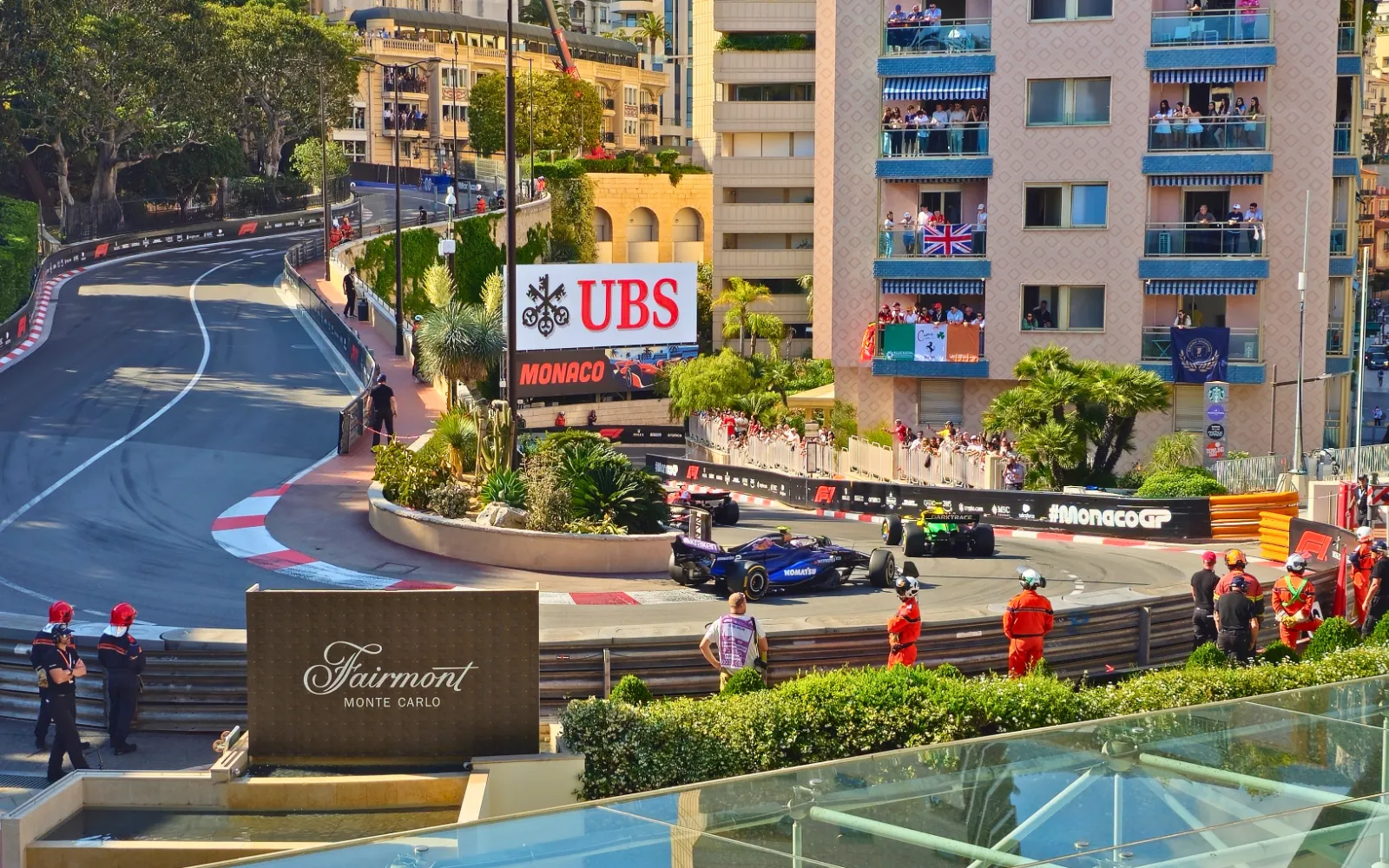 Elevated view of Formula 1 action at the iconic Fairmont Hairpin in Monaco