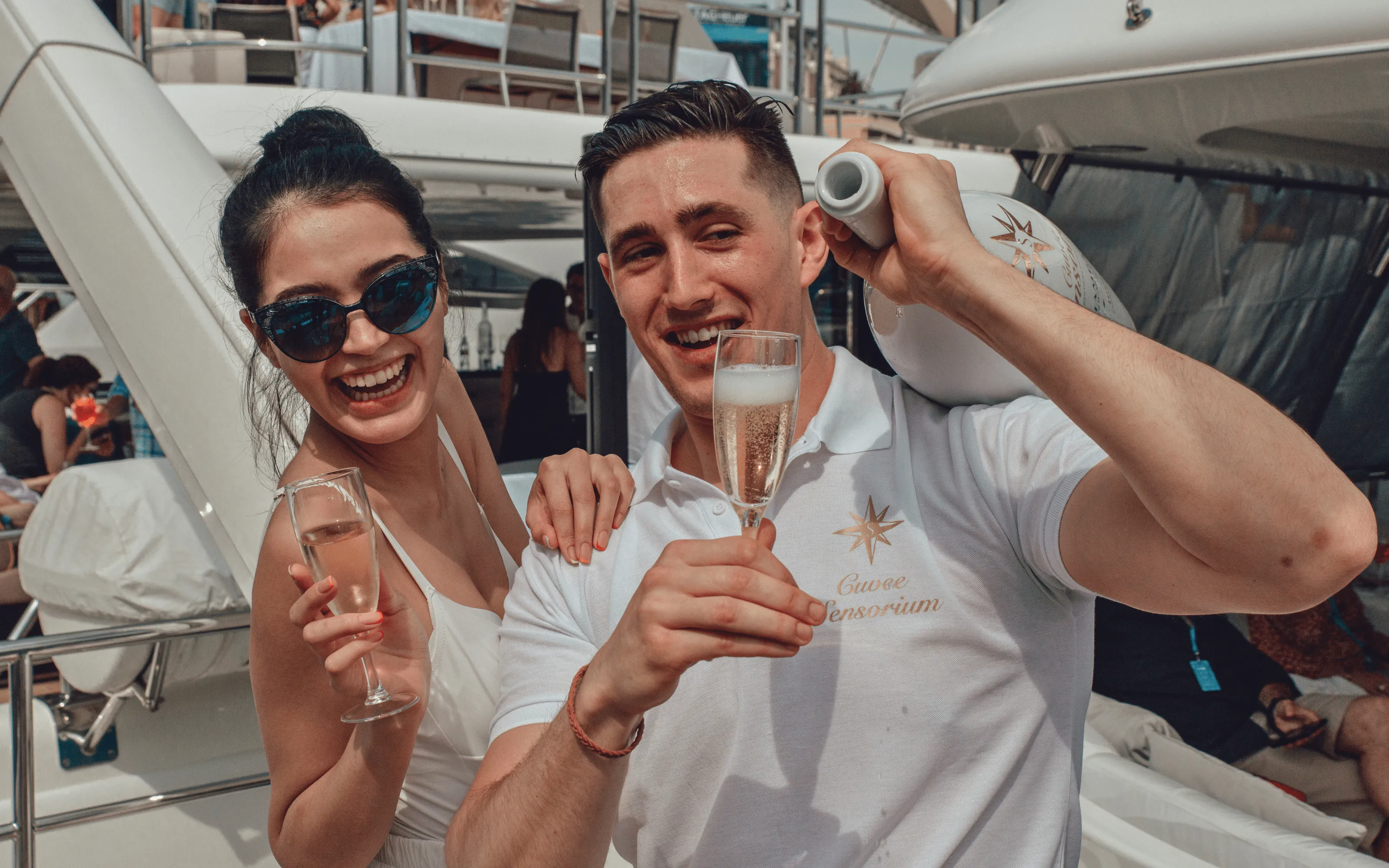 Couple enjoying Champagne at a Monaco Grand Prix hospitality package