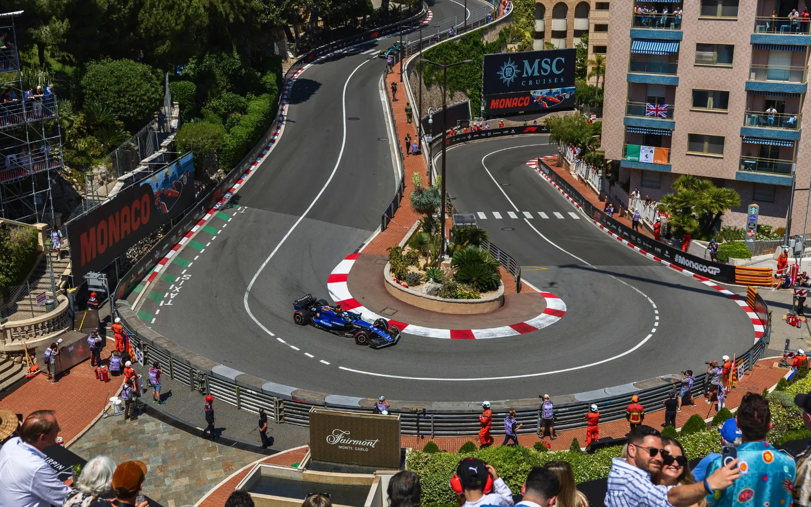 Formula 1 car navigating the Fairmont Hairpin at the 2027 Monaco Grand Prix
