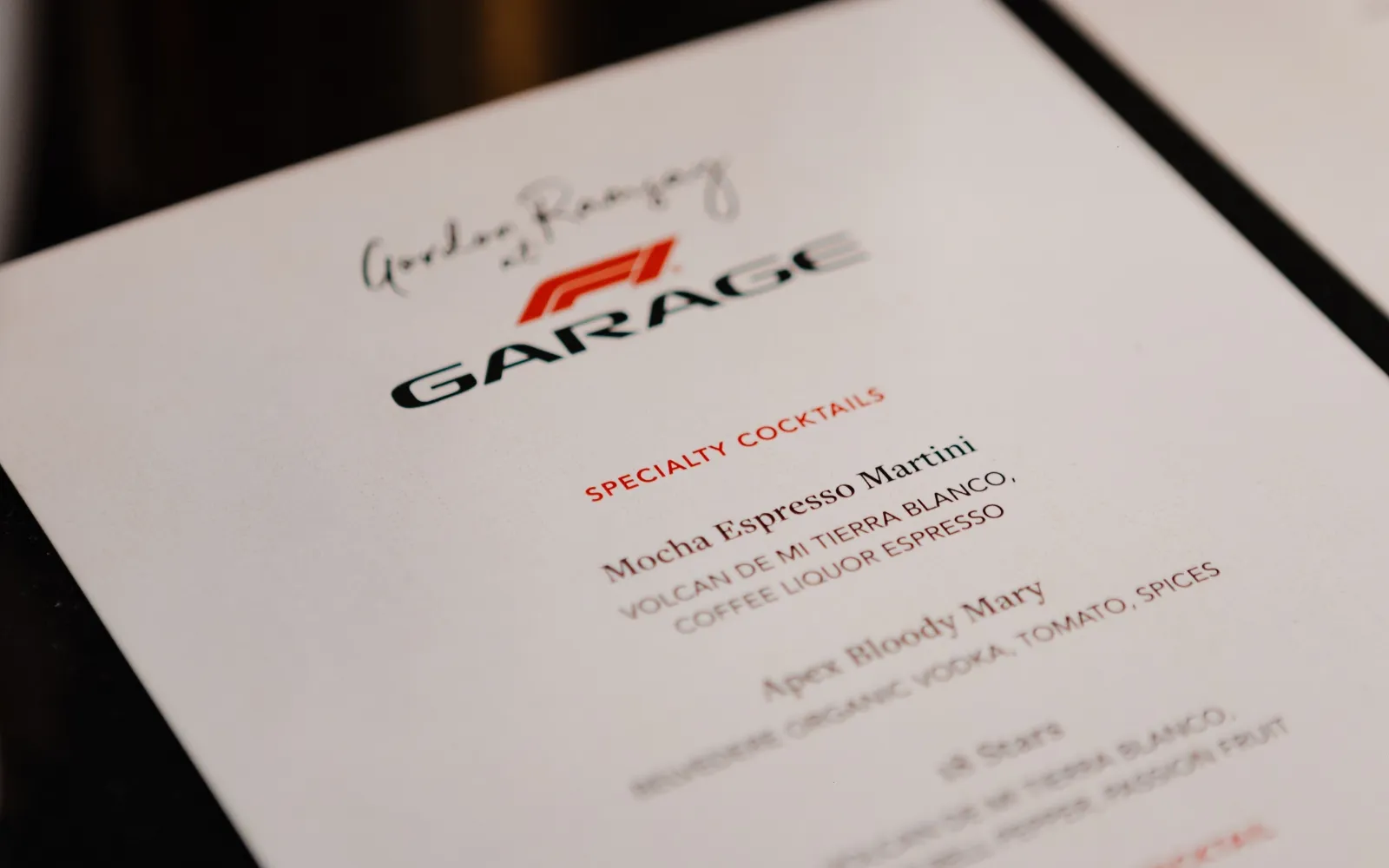 Gordon Ramsay F1 Garage cocktail menu inside Paddock Club hospitality
