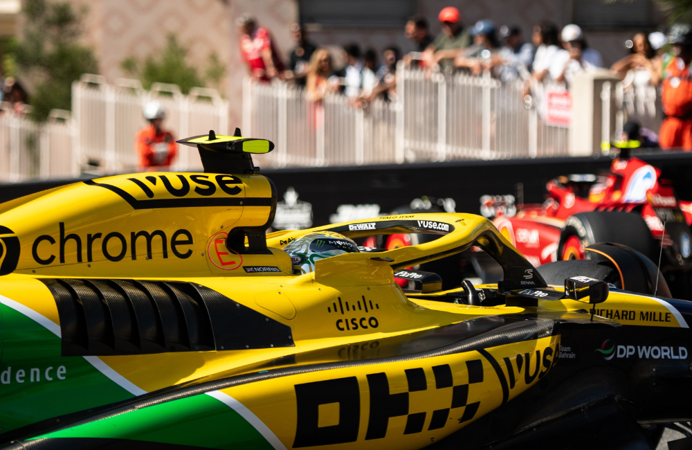 Onboard-style photo of cars funneling through Fairmont Hairpin.